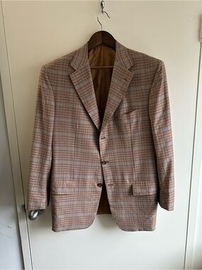 Modern Kiton 100% Cashmere Glen Plaid Blazer Tan and Blue 3 Roll 2 EU52/US41